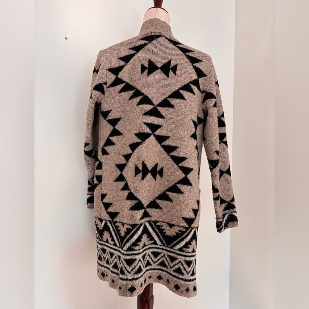 Frye black & tan Aztec southwestern patterned jacquard open-front long duster S - Picture 2 of 5